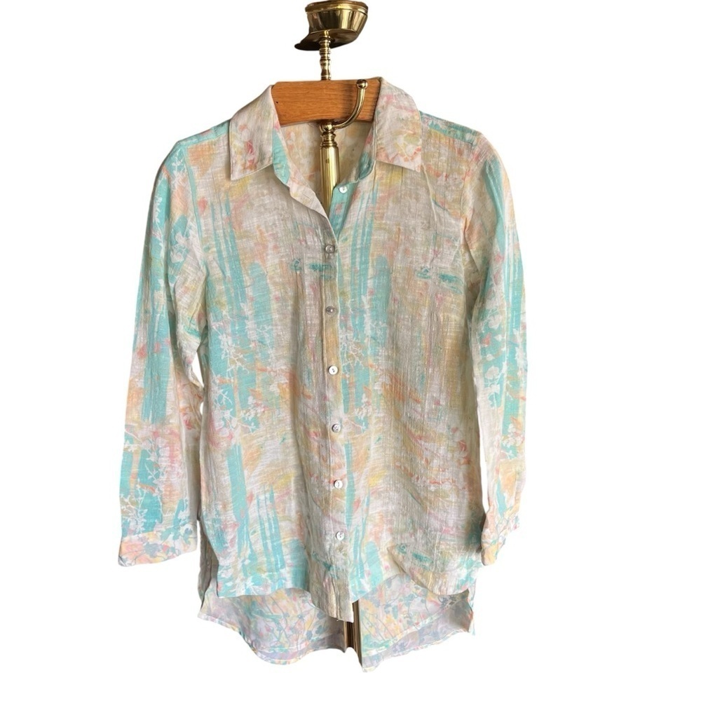 Soft Surroundings Pastel Floral Mixed Materials Button Down Shirt Medium - Picture 1 of 12